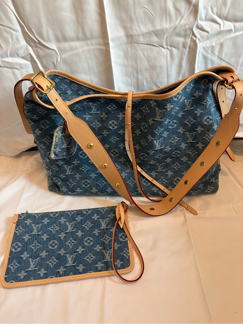 Authentic Louis Vuitton denim monogram carryall mm with pochette